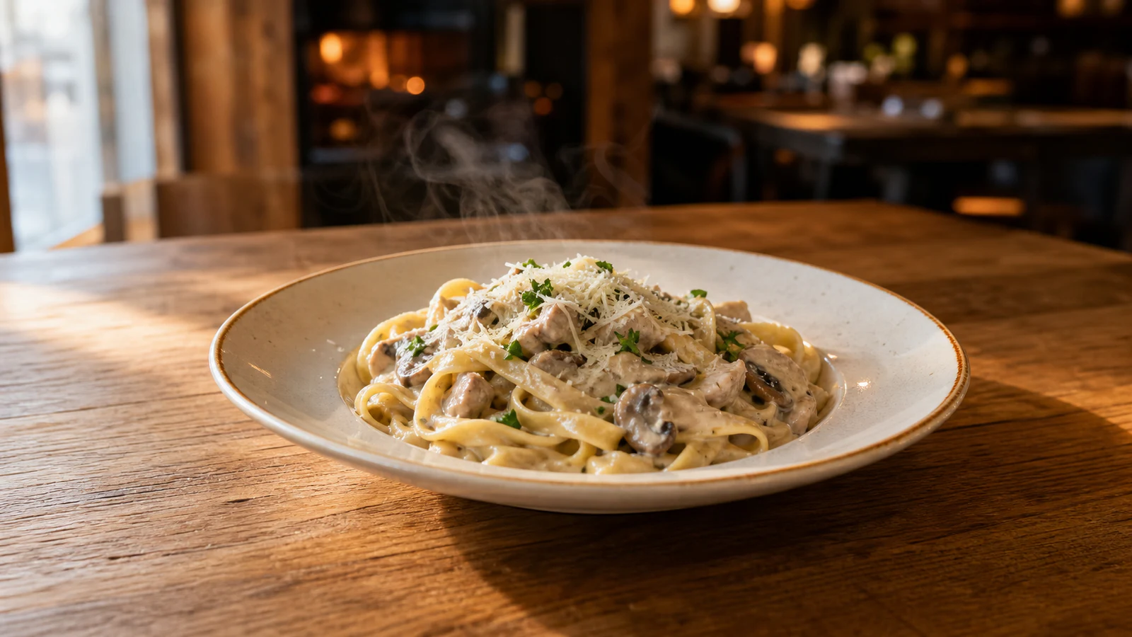 A dish with its background removed and placed back into a textured wooden table scene, with natural shadow and ambient light, as if just served