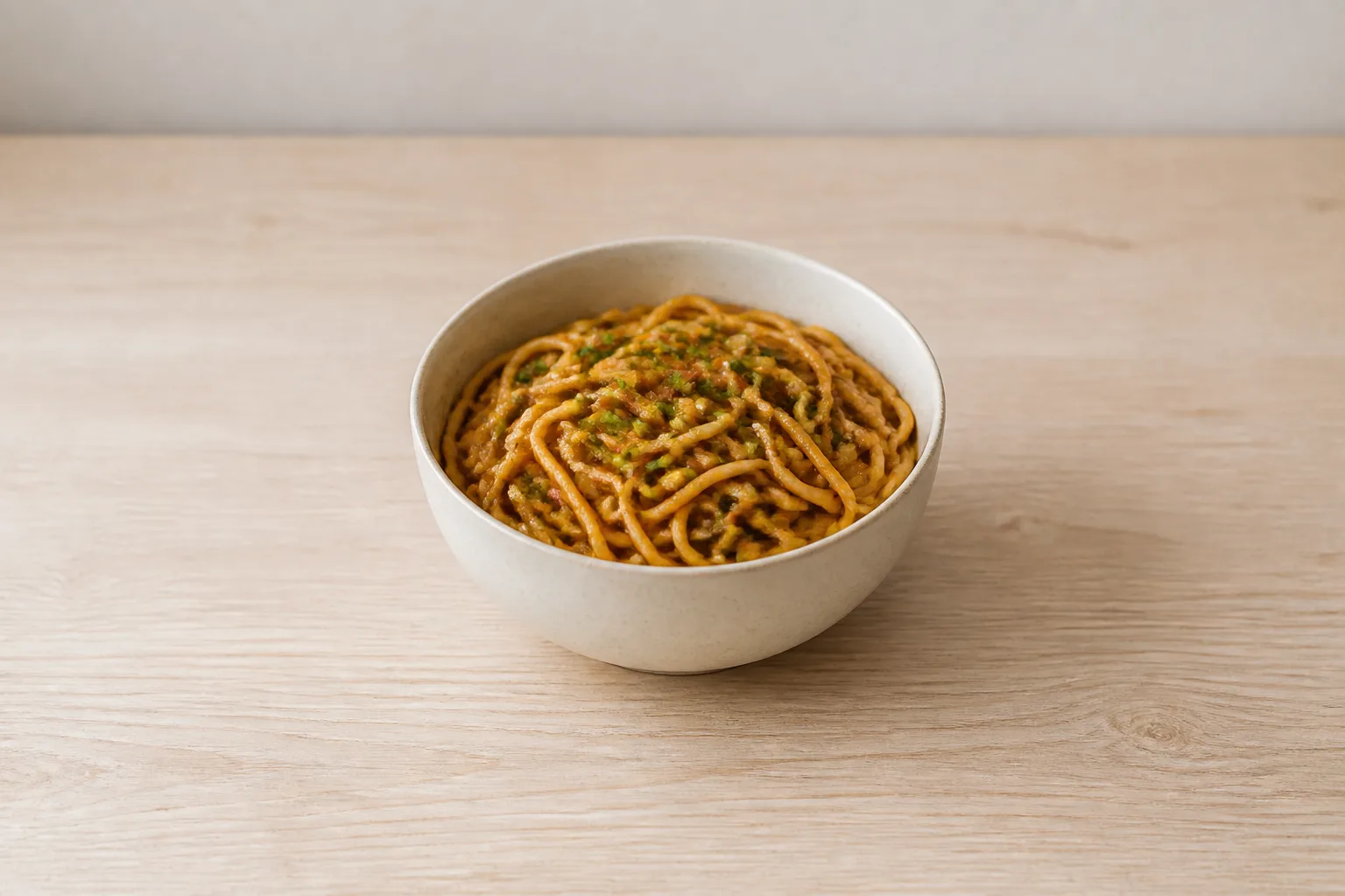 Bowl of noodles photographed from above on a light wood table with wide empty space