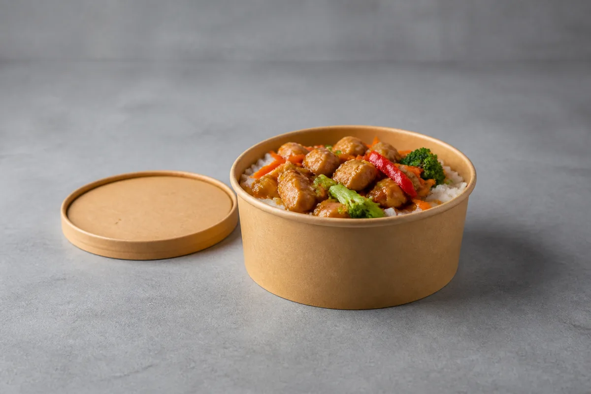 Unbranded chicken rice bowl in takeout packaging on a gray counter with the lid beside it