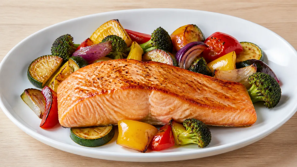 A grilled salmon fillet with roasted vegetables centred on a plain white plate, filling most of a wide frame in soft, even daylight