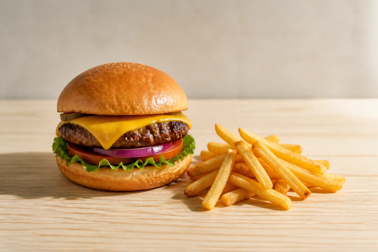 Cheeseburger and fries on a pale wood table in soft daylight