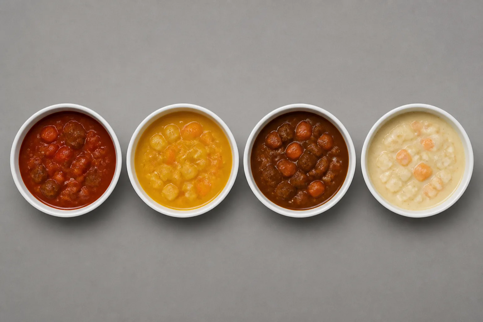 Four matching white bowls filled with foods of different colors