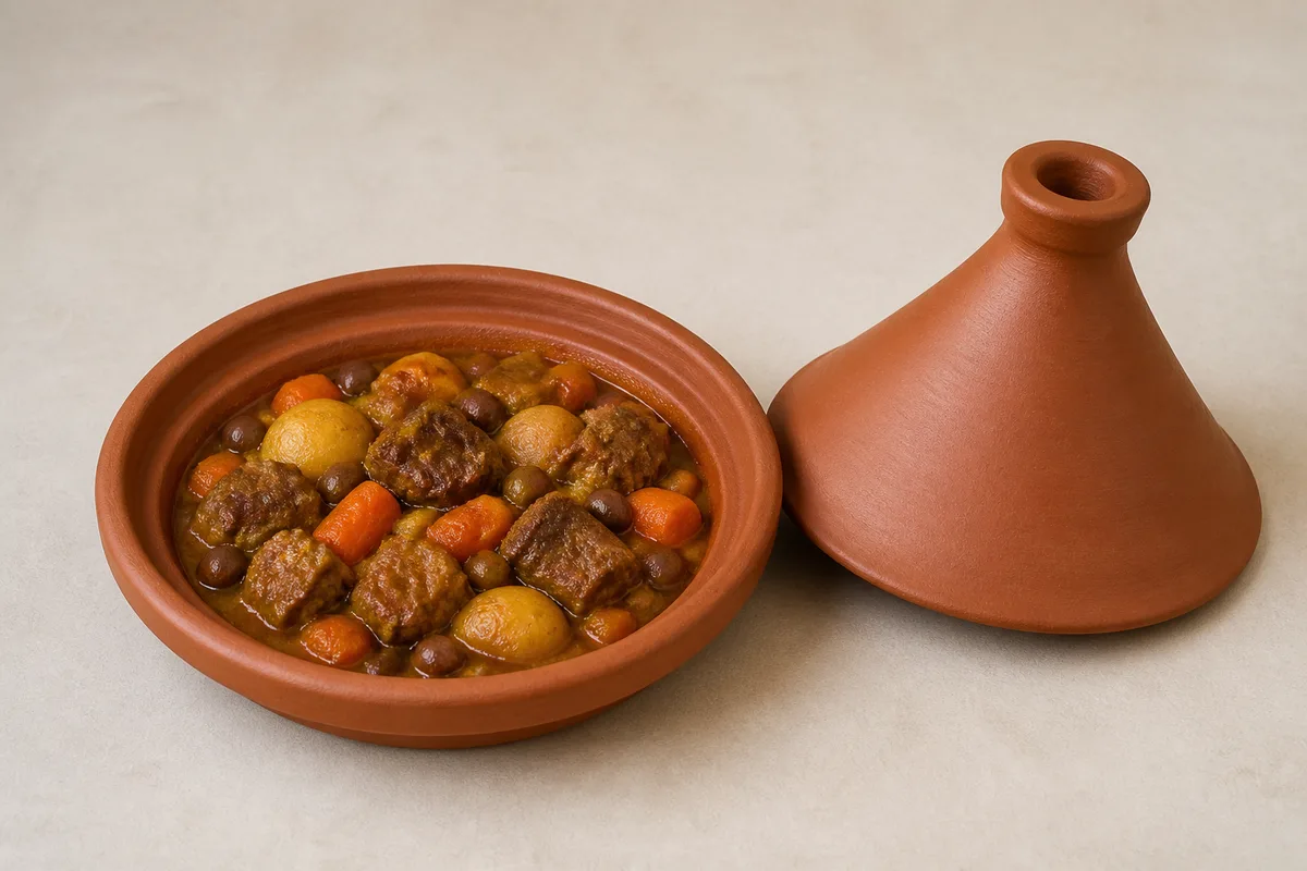 An open tagine with its lid beside the pot and the stew fully visible