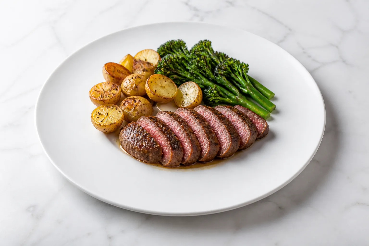 Sliced steak with roasted potatoes and broccolini on a white plate under cool window light