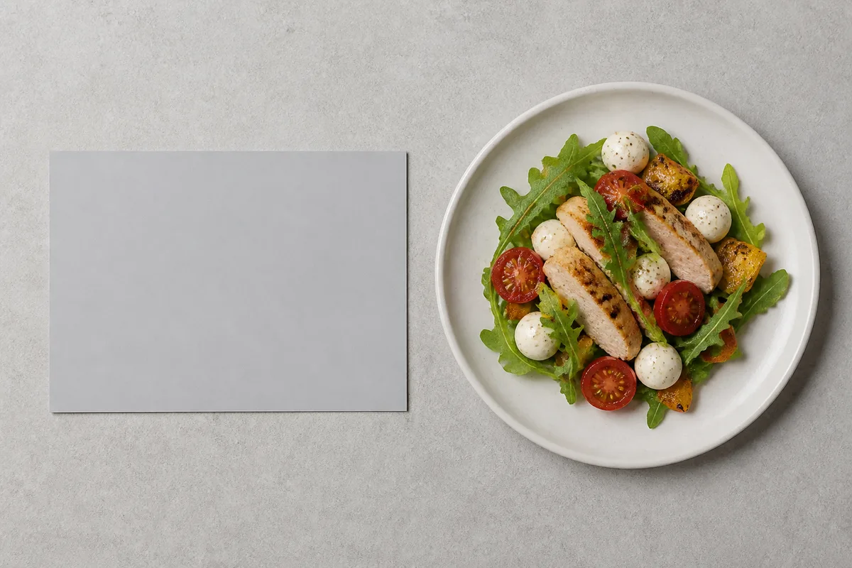 Matte gray card lying beside a salad on a neutral tabletop under the same soft light