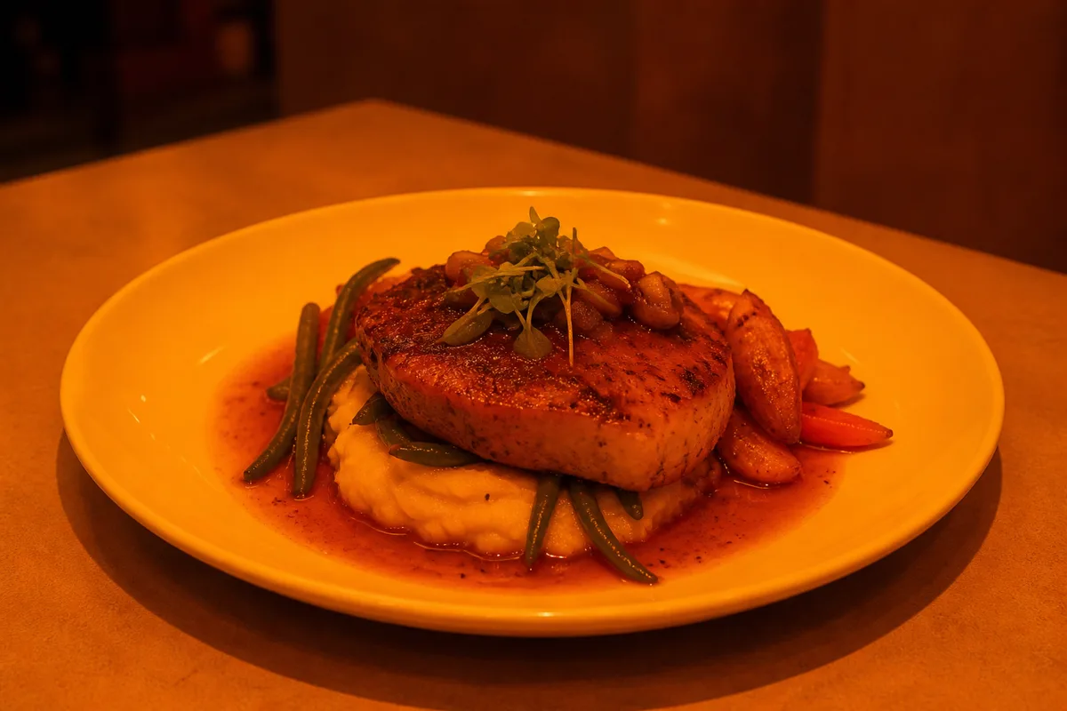 Main course under tungsten light with an amber cast that makes the white plate look yellow