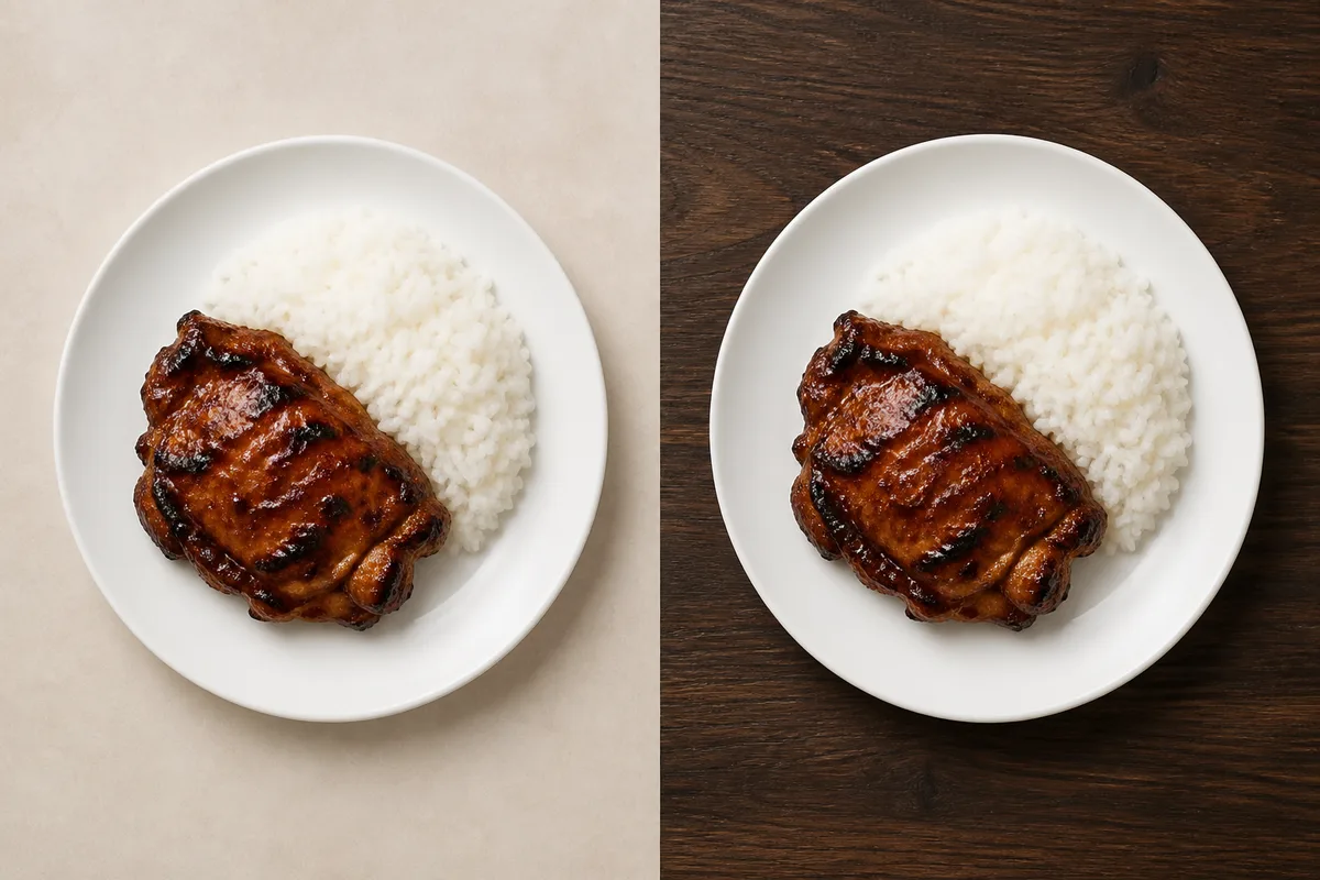 The same dark-glazed chicken plate photographed twice from overhead, on a pale beige tabletop where the white plate edge nearly blends into the surface, and on a dark walnut tabletop where the plate stands out clearly
