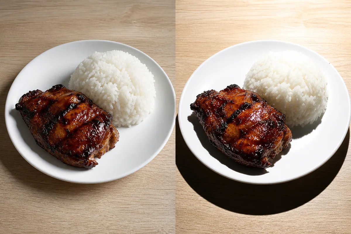 The same plate under two light sources, soft side light on the left leaving a pale shadow with a gradual edge, and direct overhead light on the right casting a deep shadow with a hard edge across the table