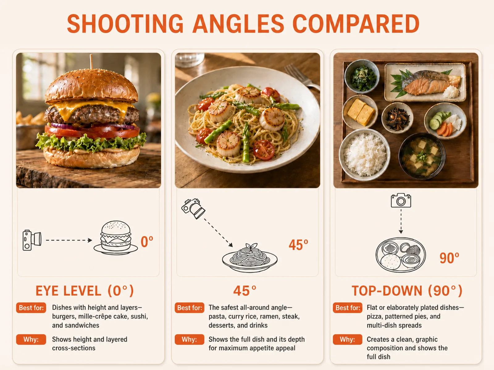 Best shooting angle by dish type: eye level, 45 degrees and top-down