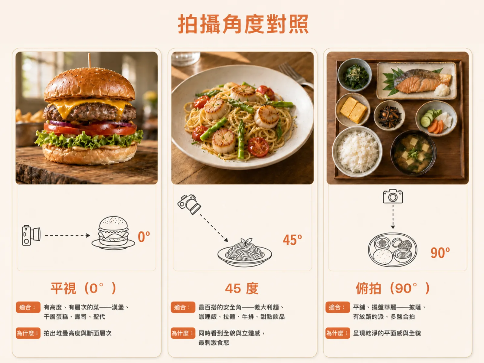 不同菜型對應的最佳拍攝角度示意圖：平視、45 度、俯拍