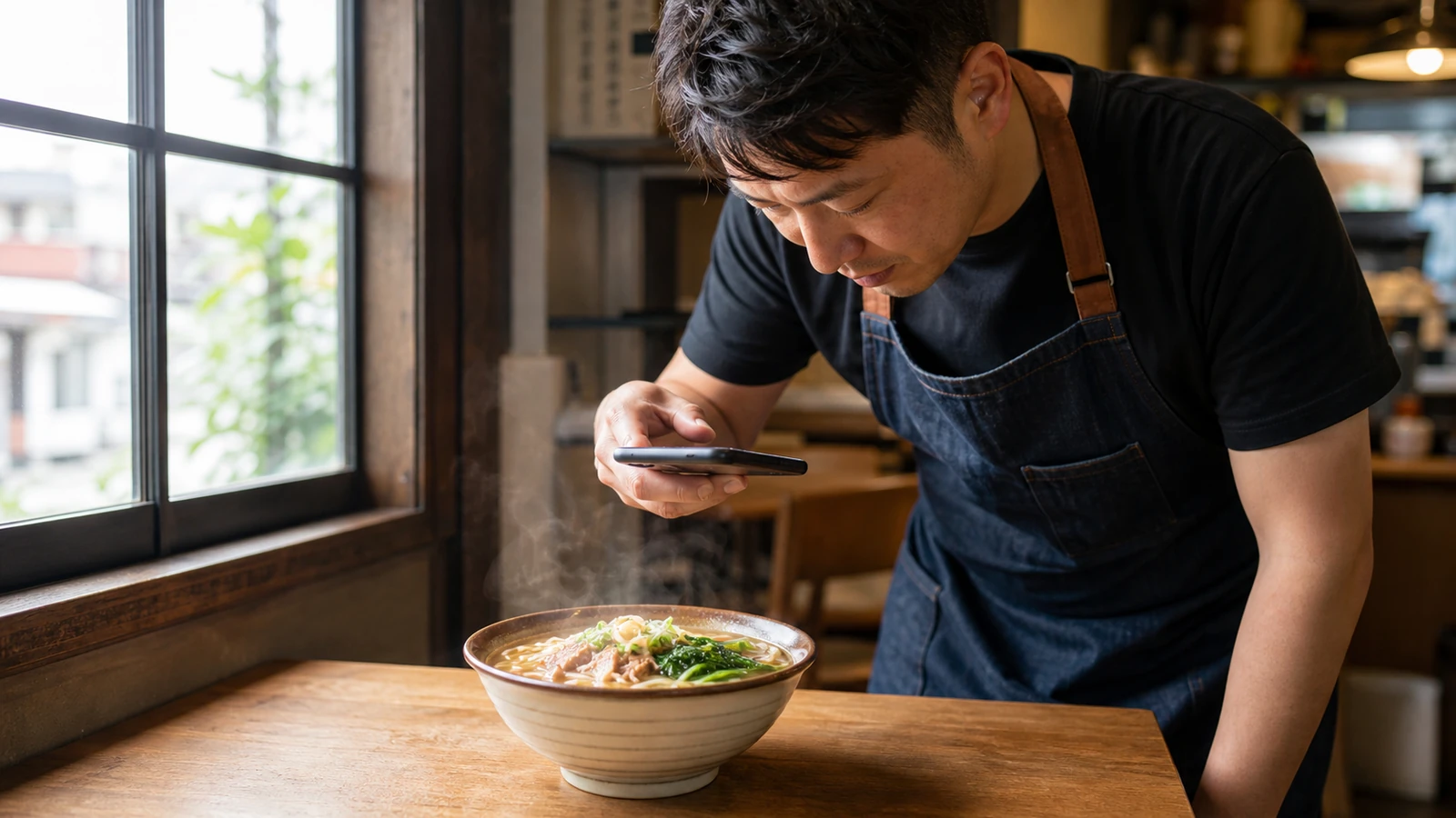 A restaurant owner photographing a bowl of noodles with a phone at a 45-degree angle beside a window, on a clean table with soft side light