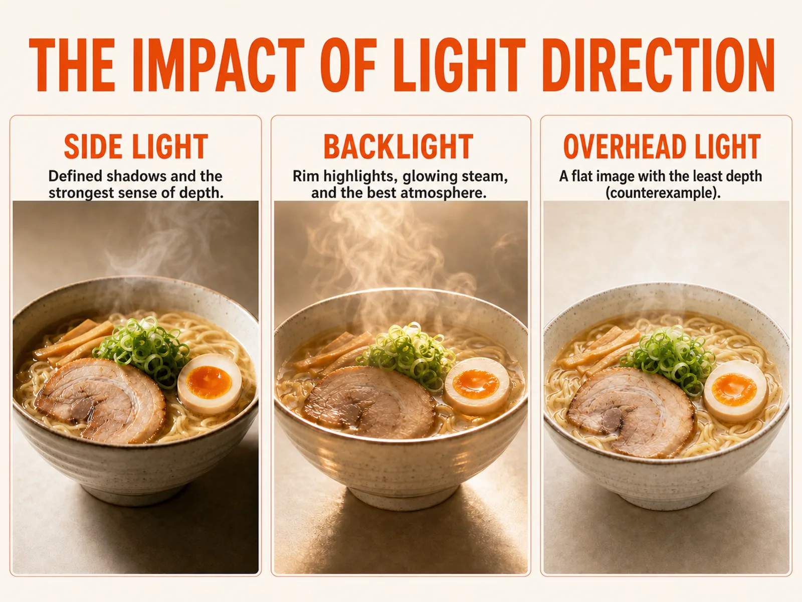Side light, backlight and overhead light falling on the same dish, showing the difference in depth and texture