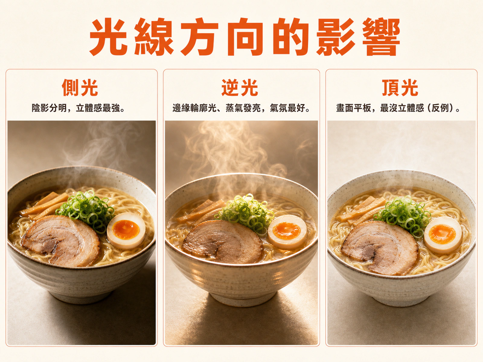 側光、逆光與頂光打在同一道菜上的立體感差異示意圖