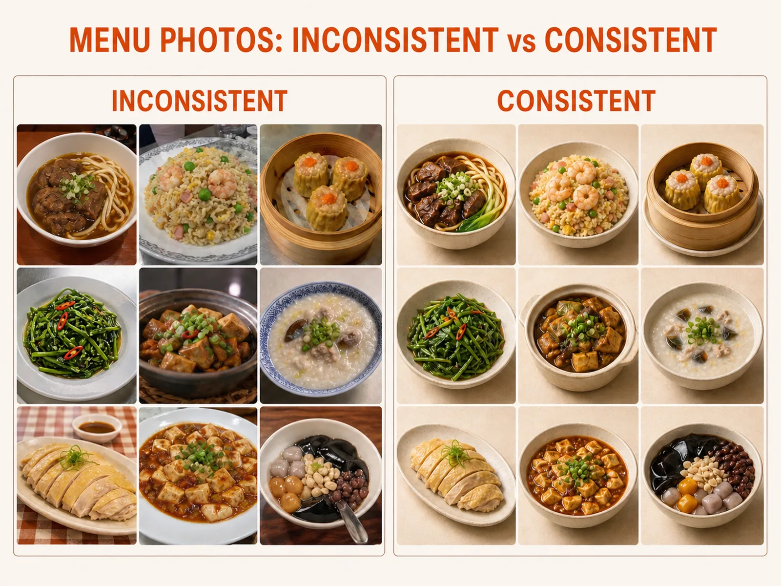 A wall of menu photos that don't match, next to one with a consistent look