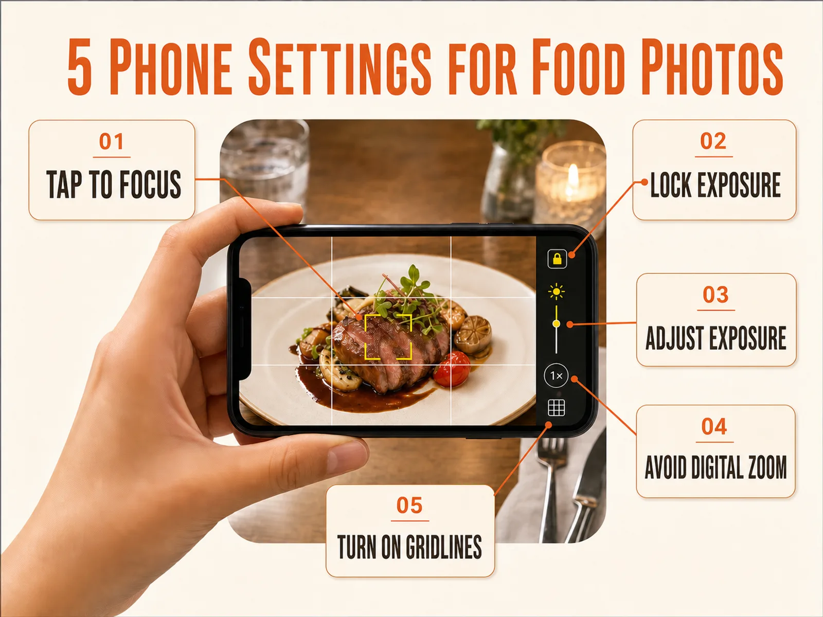 Phone viewfinder annotated with tap to focus, exposure lock, exposure slider, avoid digital zoom and gridlines