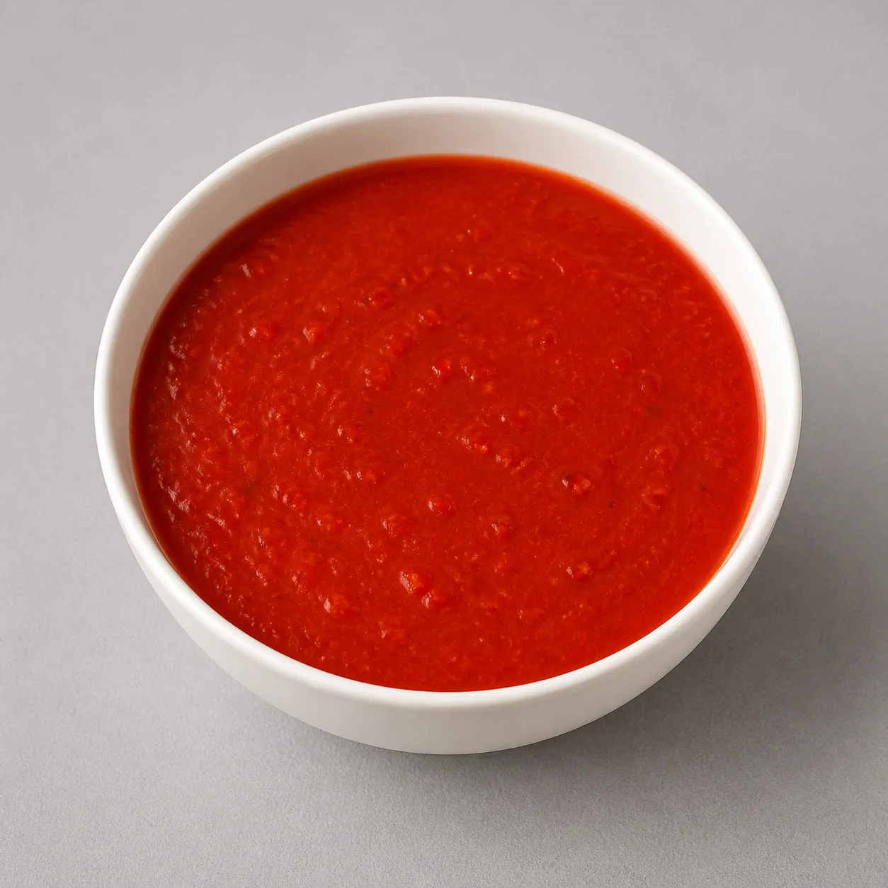 Overhead view of deep red tomato chili soup in a white bowl on a gray counter