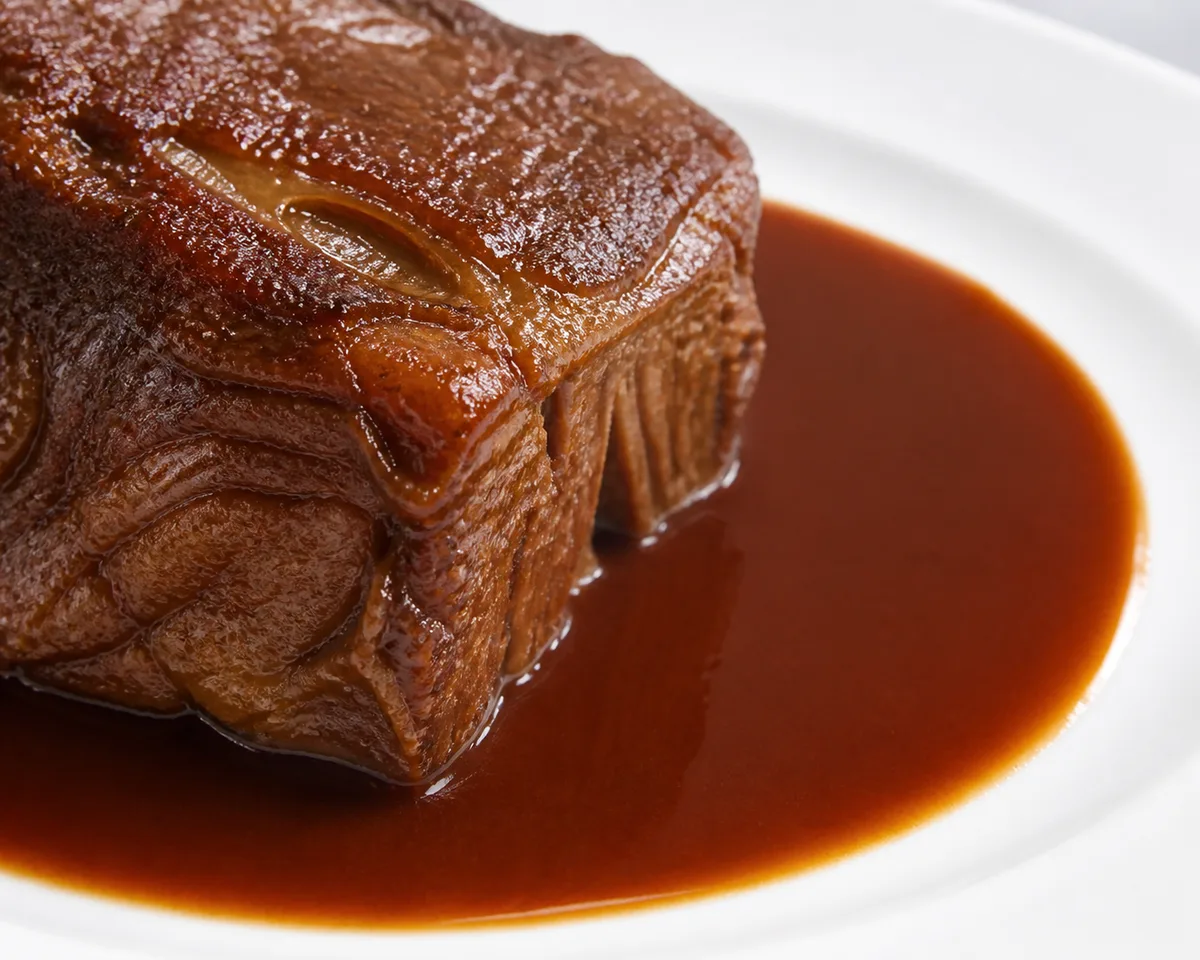 Braised meat and red-brown sauce separated mainly by color on a white plate