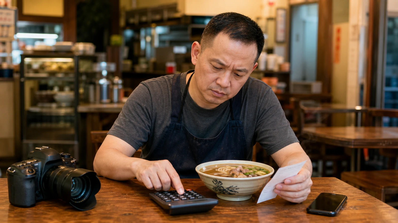 A restaurant owner at a table with a bowl of noodles, a camera, a phone and a calculator, working out what menu photography will cost