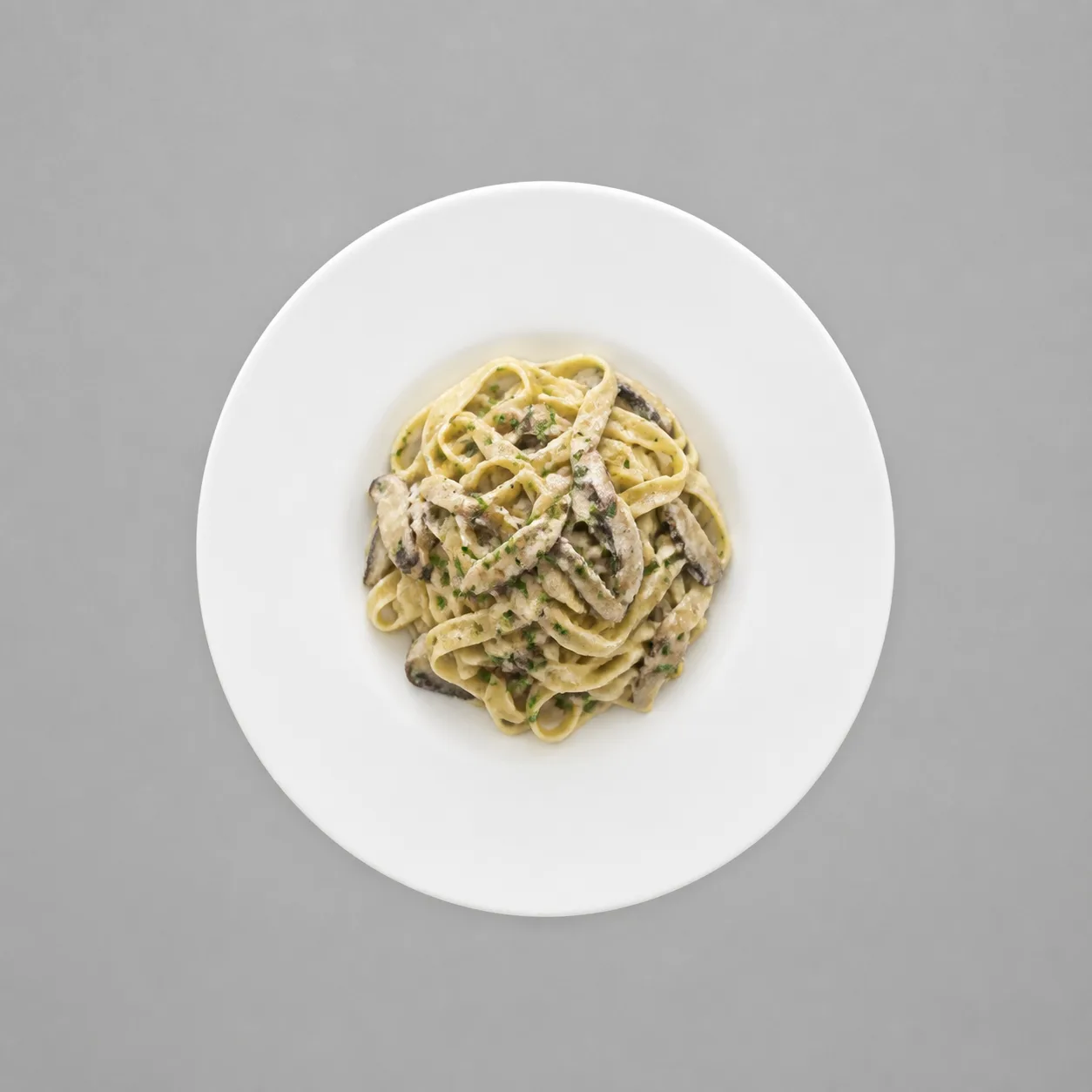 Creamy mushroom pasta on a round white plate photographed straight down on a plain gray surface