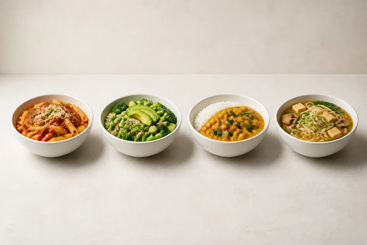 A consistent row of white bowls with different dishes photographed at the same angle and side light