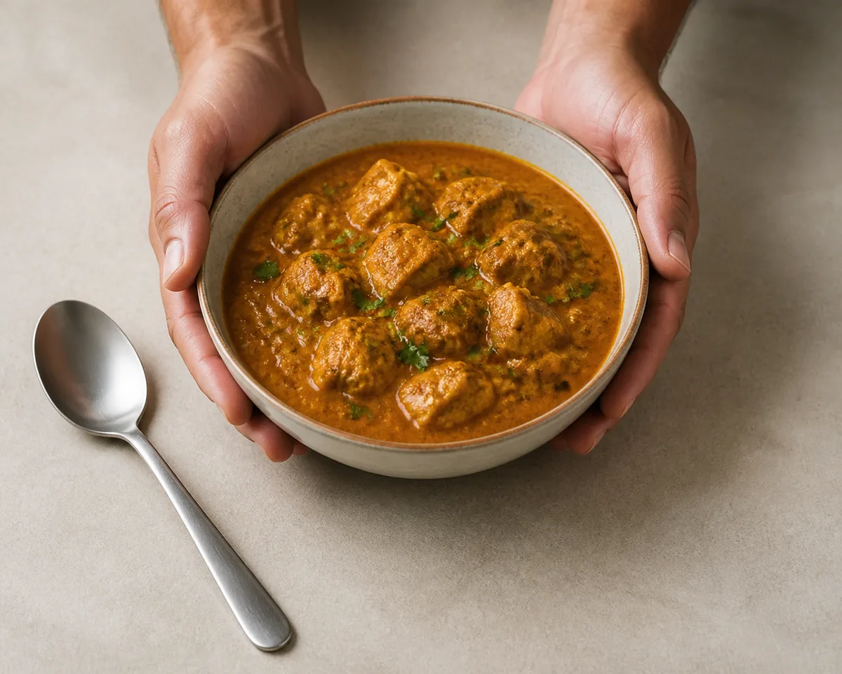 Hands holding a curry bowl beside an unobstructed serving spoon on a plain counter