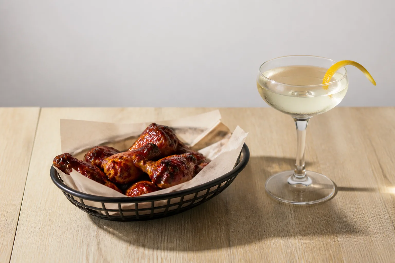 A basket of sauced chicken wings beside a coupe cocktail with a citrus twist on a plain light wood surface in even daylight against an empty pale background