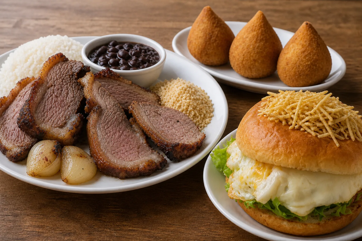 A wide prato feito plate holding sliced picanha turned so the fat cap along one edge faces the camera, white rice at the back left, black feijão in a small bowl at the plate's back edge and a contained mound of farofa at the near right, with three coxinhas set apart on a shallow plate behind it and a whole uncut X-tudo standing in the right foreground showing its fried egg, melted cheese and lettuce at the rim under a crown of shoestring potato, all on a matte mid-tone wood table shot from a low three-quarter angle under one large soft light from the left
