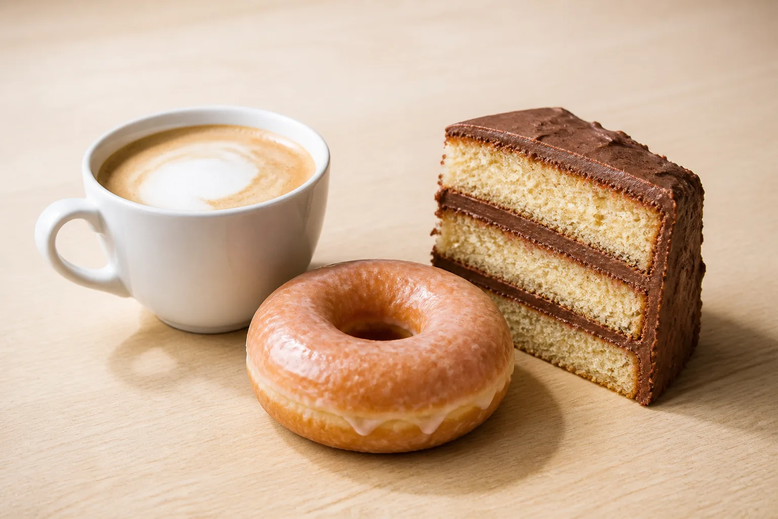 A latte in a plain ceramic cup beside a glazed donut and a slice of layer cake on a plain light wood surface in even daylight against an empty pale background