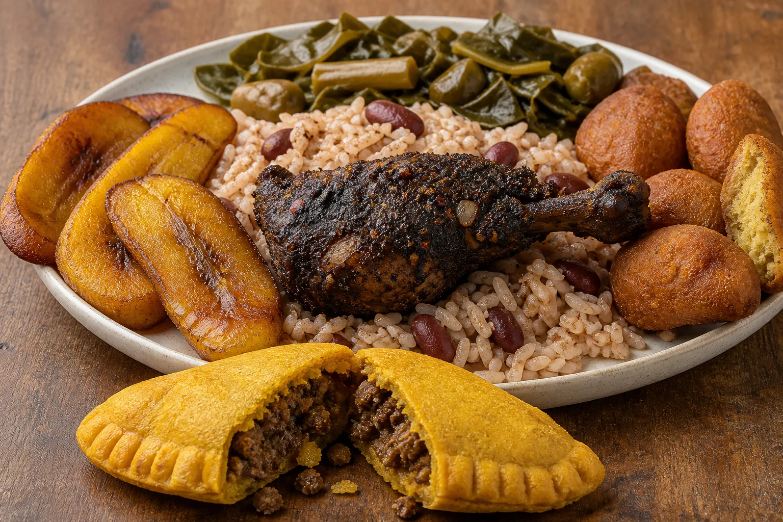 A jerk chicken leg with a blackened spice crust lying across a bed of rice and peas, fried plantain slices pushed to one edge of the plate, festival dumplings to the other and stewed greens behind, with a Jamaican beef patty broken in two in front of the plate and its filling turned toward the camera, on a mid-tone wood surface under low raking side light