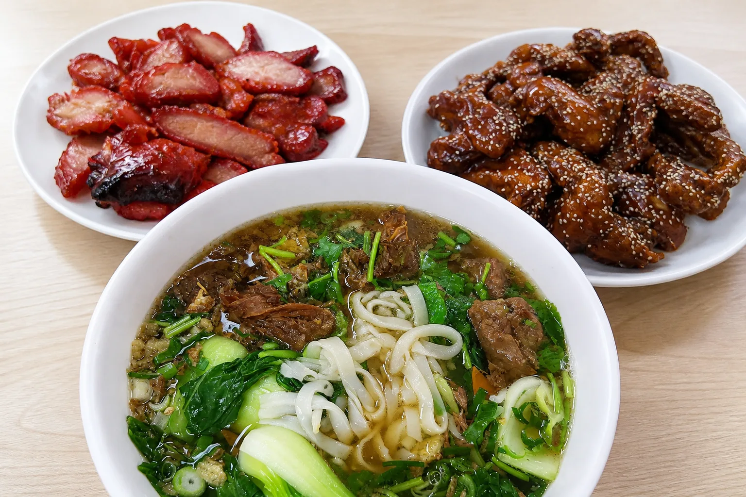 A bowl of beef noodle soup in front of a plate of glossy sesame chicken and a plate of sliced char siu roast pork, staggered in depth on a plain light wood surface in soft daylight
