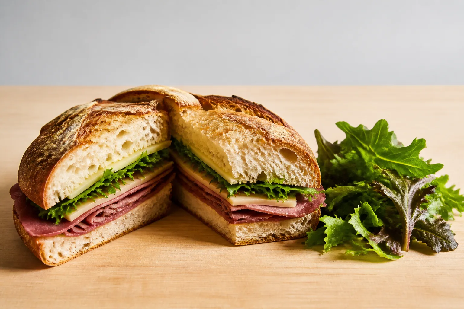 A stacked sandwich cut in half with the cut face toward the camera beside a small green salad on a plain light wood surface in even daylight against an empty pale background