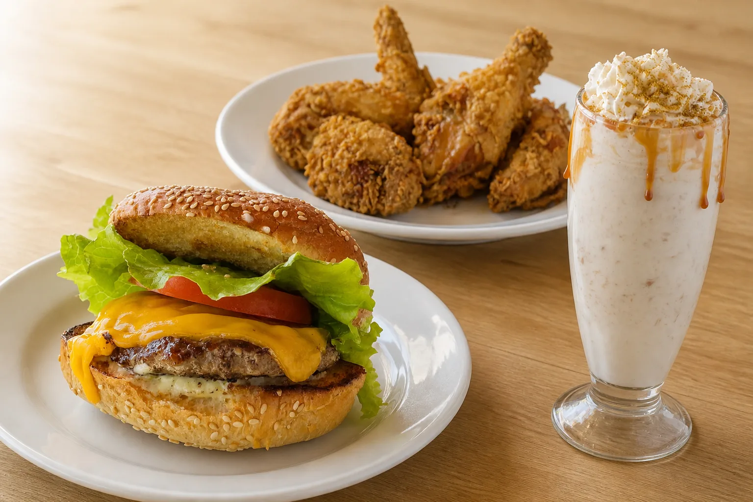 A diner cheeseburger, a plate of bone-in fried chicken and a thick milkshake in a tall footed soda-fountain glass, the burger shot low so its stacked cross section faces the camera, all on one light wood counter in the same soft daylight
