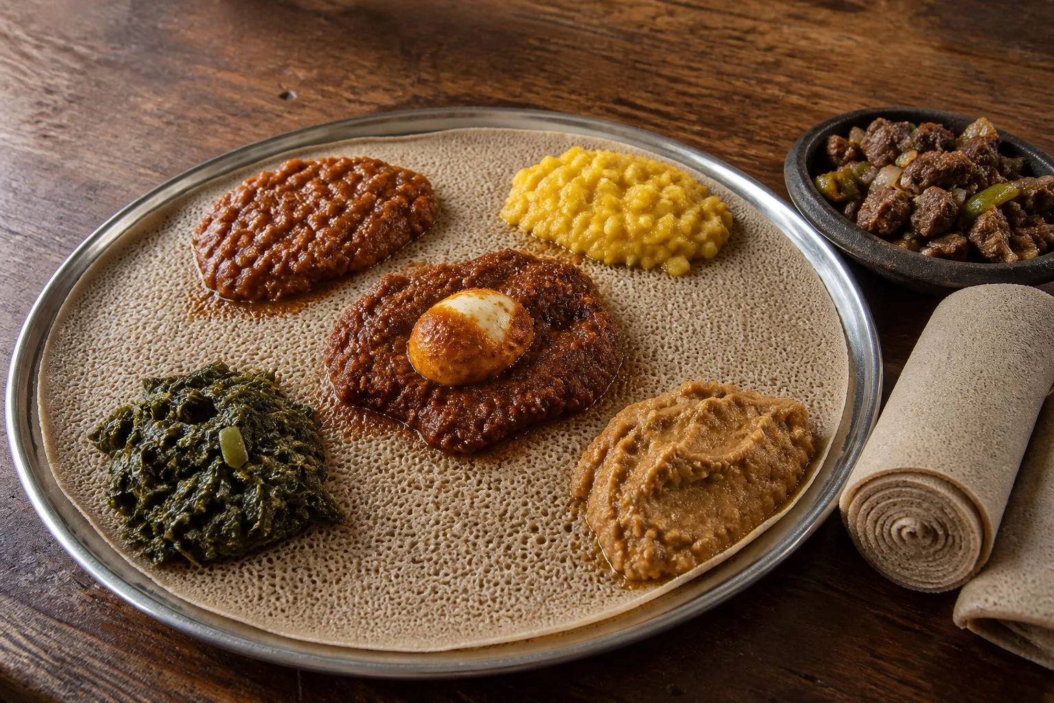 A wide round beyaynetu on a grey-brown injera filling most of the frame, with separate mounds of doro wat and its hard-boiled egg at the centre, misir wat, kik alicha, gomen and shiro spooned around it, two rolled injera lying at the near right corner and a small dark clay dish of tibs behind them, on a mid-tone worn wood surface shot from a raised three-quarter angle under low raking side light