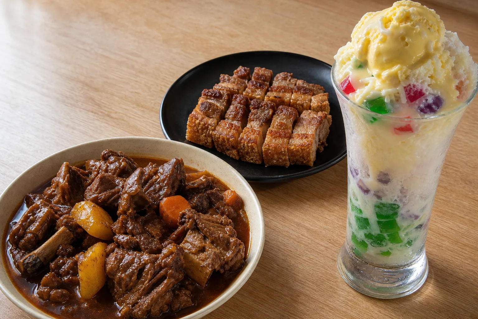 A bowl of braised beef with potato and carrot pieces breaking the sauce surface, a dark plate of sliced lechon kawali blocked into short rows rather than a single line, and a tall footed glass of halo-halo crowned with a scoop of ice cream above coloured jelly cubes and shaved ice, all on a plain light wood surface in soft daylight