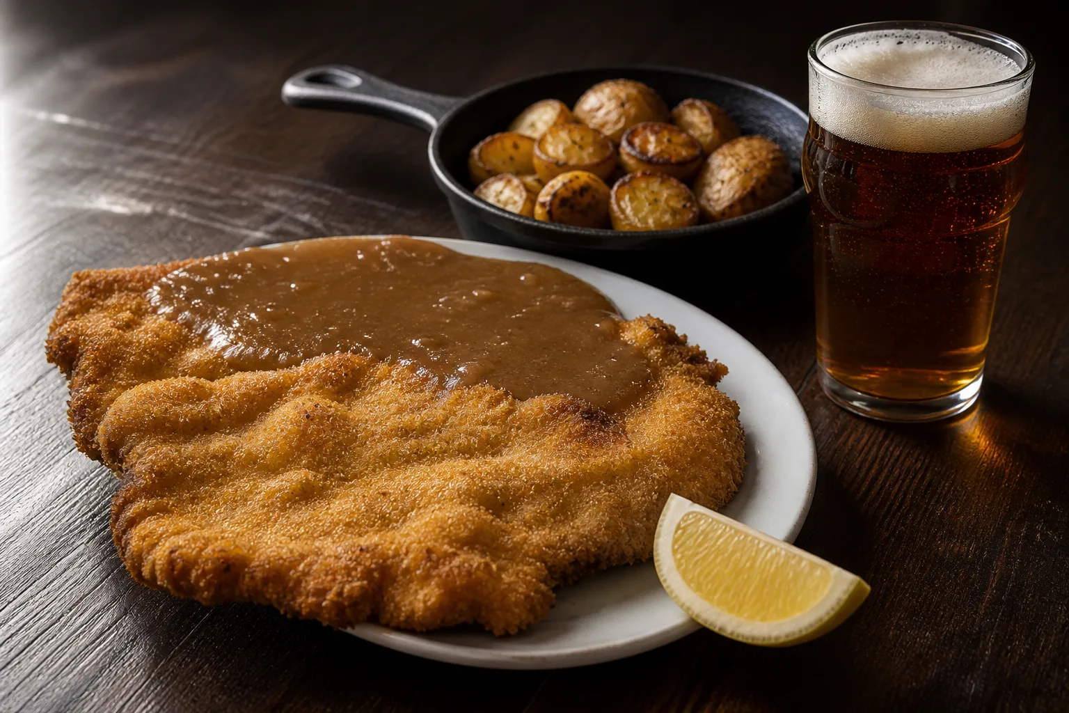 A breaded schnitzel overhanging the rim of a plain white oval plate in the near left of the frame, overhanging it on the near and left sides, mushroom gravy poured across its far half and the bare breadcrumb crust left showing on the near half beside a lemon wedge, a small black cast-iron pan of browned bratkartoffeln behind it, and a half-litre glass of pale beer with a standing head at the back right, all on plain dark oiled wood shot from a low three-quarter angle in raking light from the left