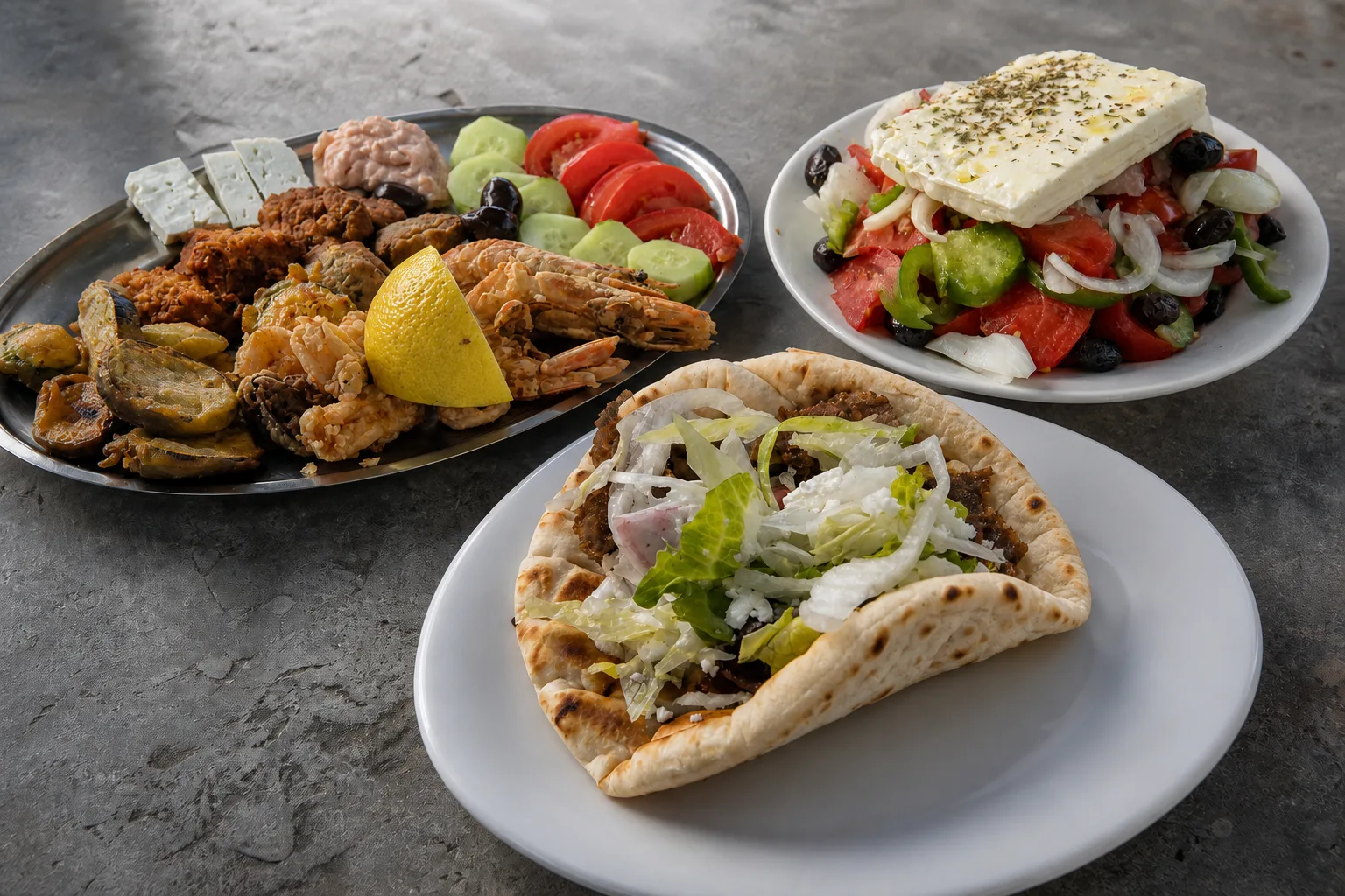 An open gyro pita on a white plate with its filling of grilled meat, shredded lettuce, onion and crumbled feta facing the camera, beside a horiatiki salad carrying a whole slab of feta on top of the tomato, cucumber, pepper and olives, and a metal pikilia platter of fried pieces, prawns, feta, cucumber and tomato with a lemon wedge, all on a worn grey stone surface shot from a low three-quarter angle