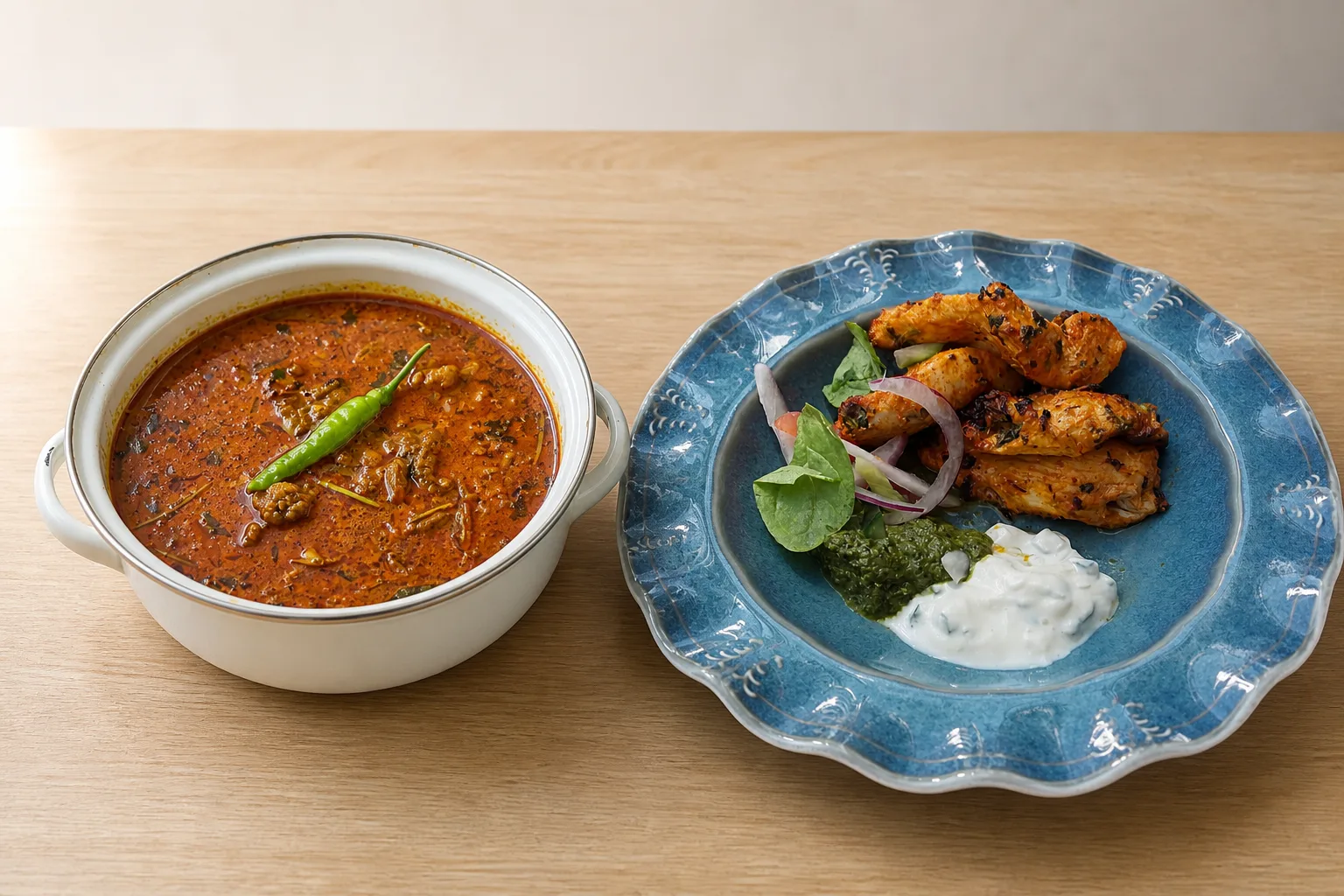 A pot of red curry beside tandoori chicken with mint chutney and yoghurt on a blue plate, on a plain light wood surface in even daylight against an empty pale background