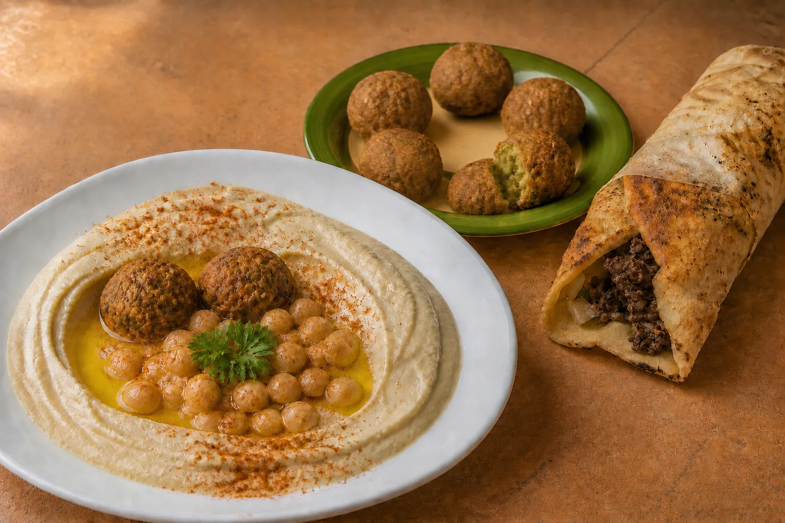 A shallow round plate of hummus with a broad well swept into the spread holding pooled olive oil, whole chickpeas heaped so their tops stand above the rim and two falafel balls set half into the well, beside a small side plate of five falafel with one broken open to show its green interior, and behind them a laffa wrap cut across and lying with its cut face to the camera showing the filling packed against the bread, all on a warm sand-coloured unglazed terracotta surface, shot from a low three-quarter angle just high enough to see over the near rim into the well, under soft raking light from the left rear