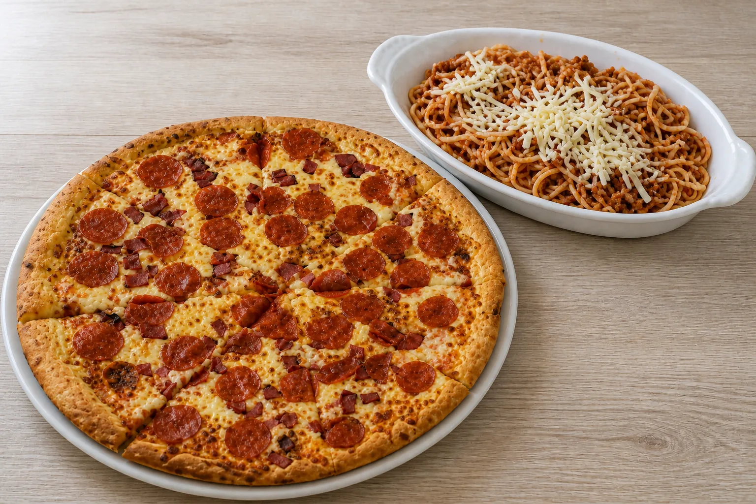 A pepperoni pizza cut into slices beside an oval dish of spaghetti bolognese on a plain light wood surface in even daylight against an empty pale background