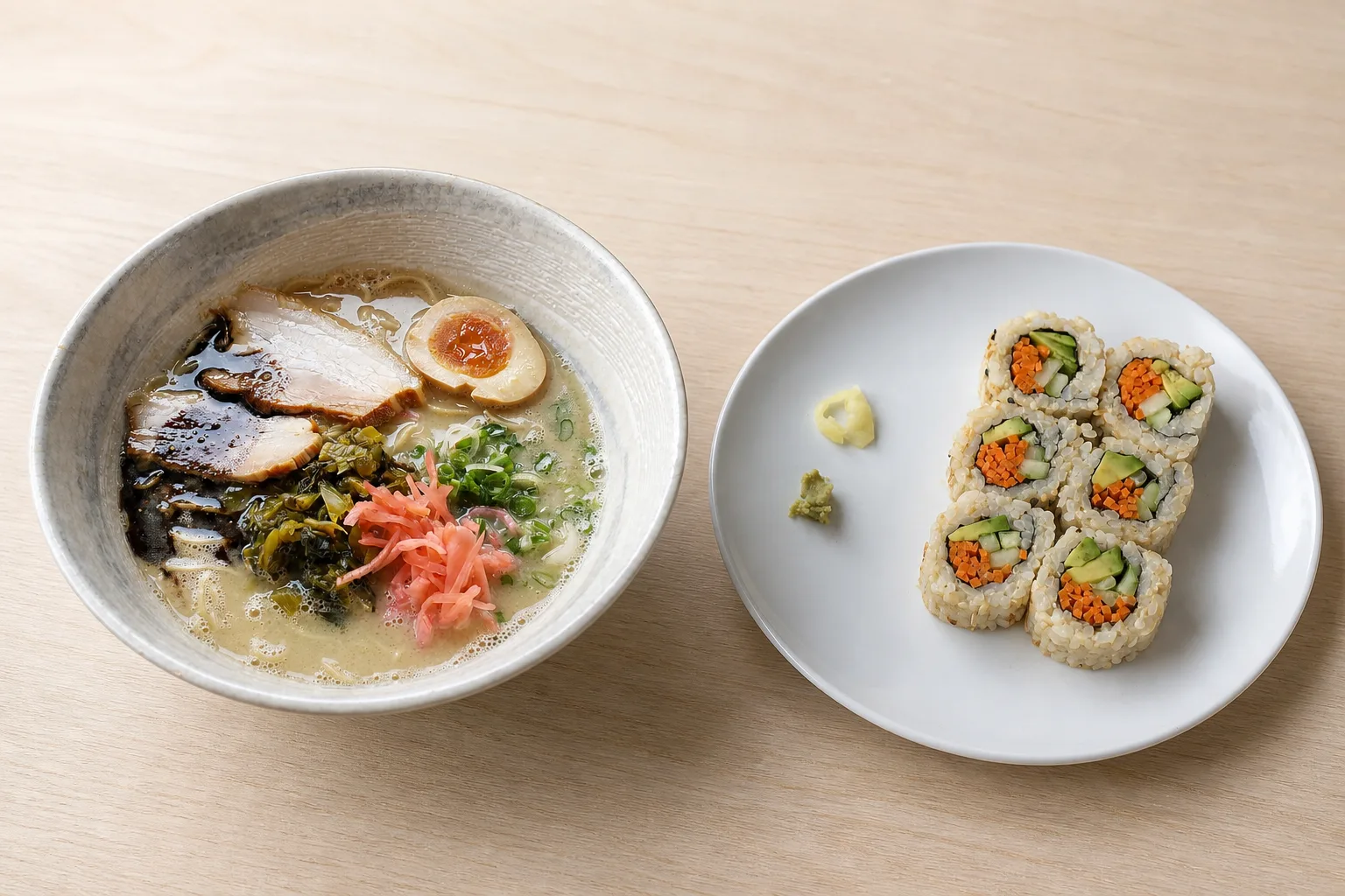 A bowl of tonkotsu ramen with chashu and a soft-boiled egg beside a plate of cut maki rolls on a plain light wood surface in even daylight against an empty pale background