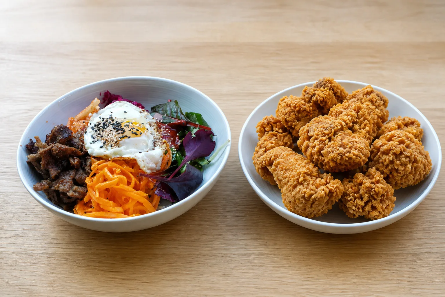 A bibimbap bowl topped with beef, vegetables and a fried egg beside crisp unsauced Korean fried chicken in a white bowl, on a plain light wood surface in even daylight against an empty pale background