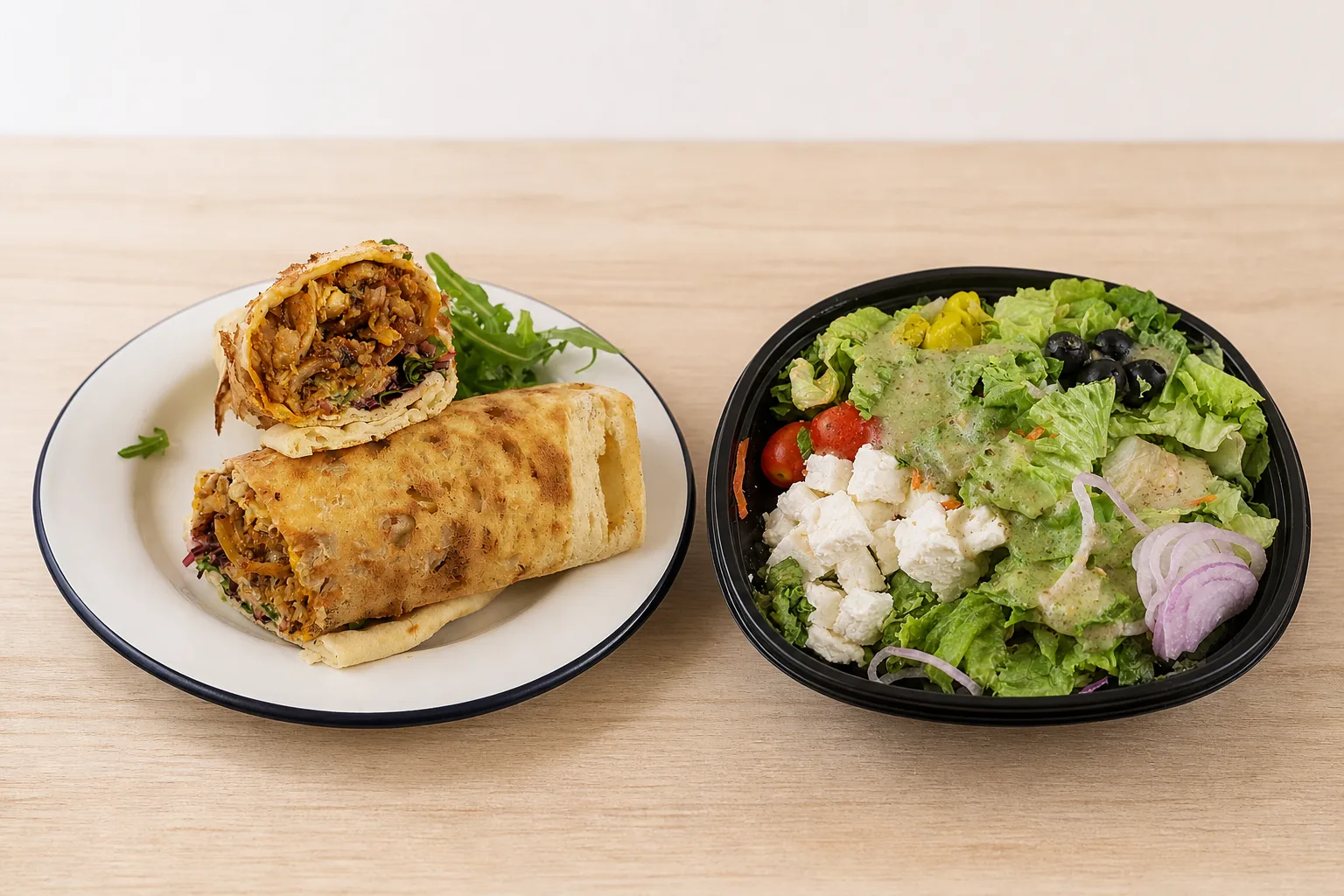 A shawarma wrap cut in half beside a Greek salad with feta and olives in a dark bowl, on a plain light wood surface in even daylight against an empty pale background