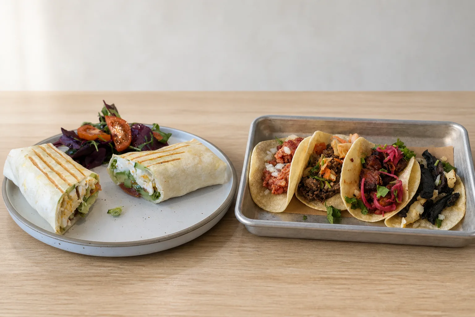 A burrito cut in half on a plate beside four tacos on a metal tray, on a plain light wood surface in even daylight against an empty pale background