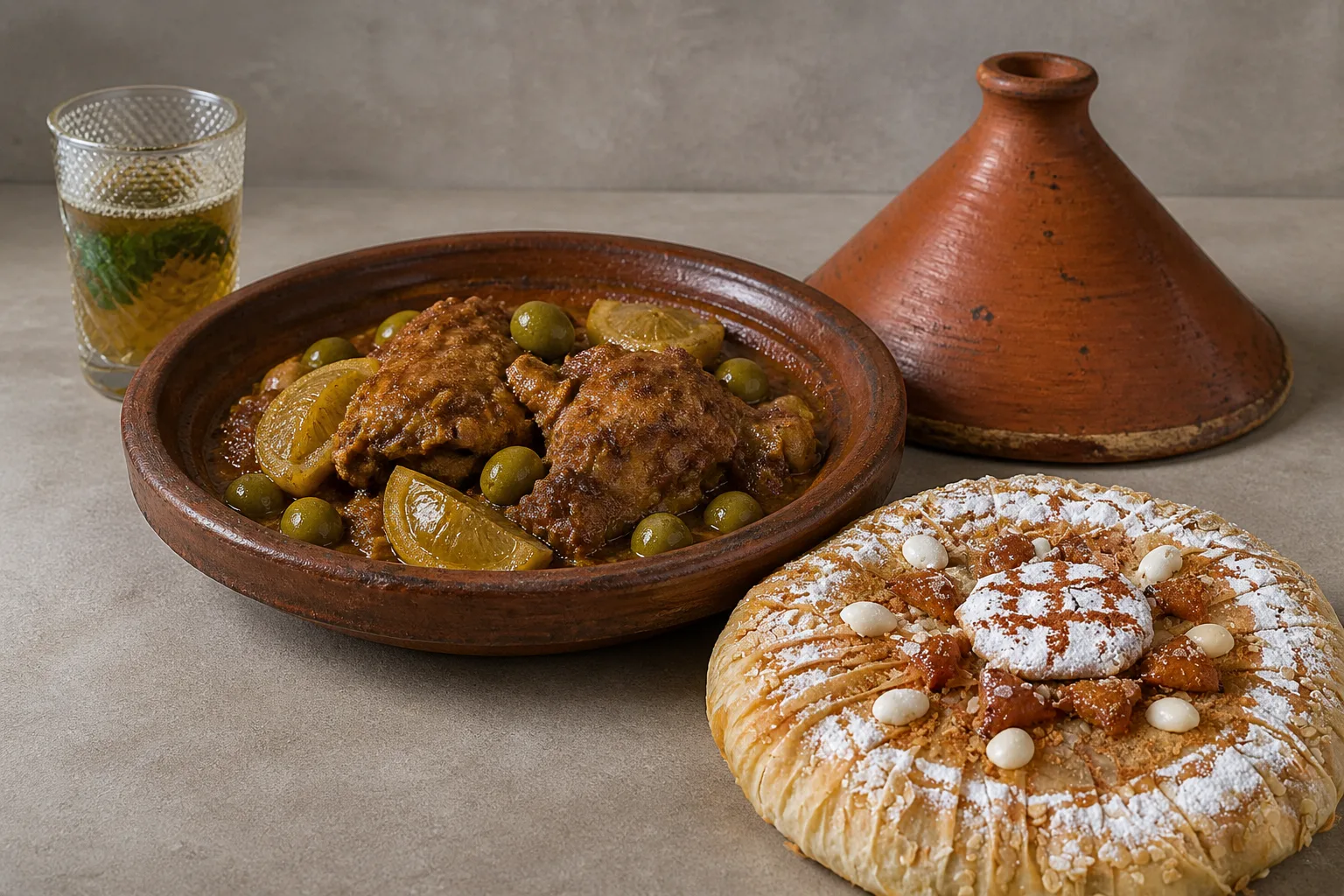 A chicken tagine in its flared clay base with preserved lemon quarters and green olives domed above the sauce, its conical lid standing on the surface behind and to the right, a glass of mint tea with whole mint leaves in it at the back left, lit through from behind, and a whole pastilla dusted with icing sugar and crossed with cinnamon lines lying flat at the front right, all on a plain warm-grey plaster surface shot from one raised three-quarter angle under a single low soft light from behind left