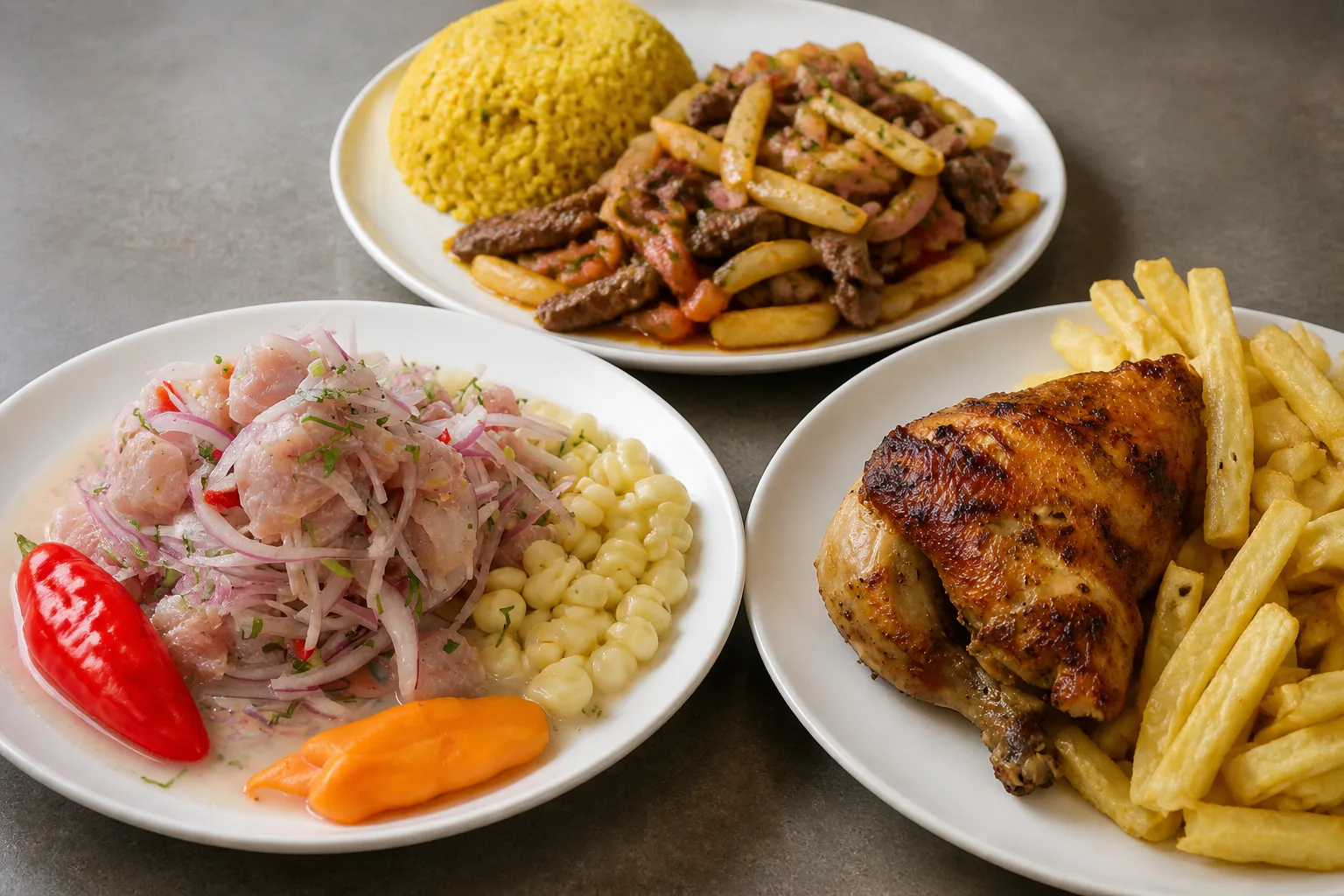 A shallow bowl of ceviche at the left holding white fish cubes and purple onion slivers above a cloudy pool of leche de tigre, with a wedge of orange sweet potato, a whole red chilli and a heap of choclo kernels at its far rim, an oval plate of lomo saltado in the centre where beef strips, red onion, tomato and thick-cut fries are piled inward into a mound with white rice behind it, and a plate at the right holding a quarter of pollo a la brasa with burnished crisp skin beside a pile of fries, all on a matte mid-tone stone surface shot from a single low three-quarter angle under raking side light