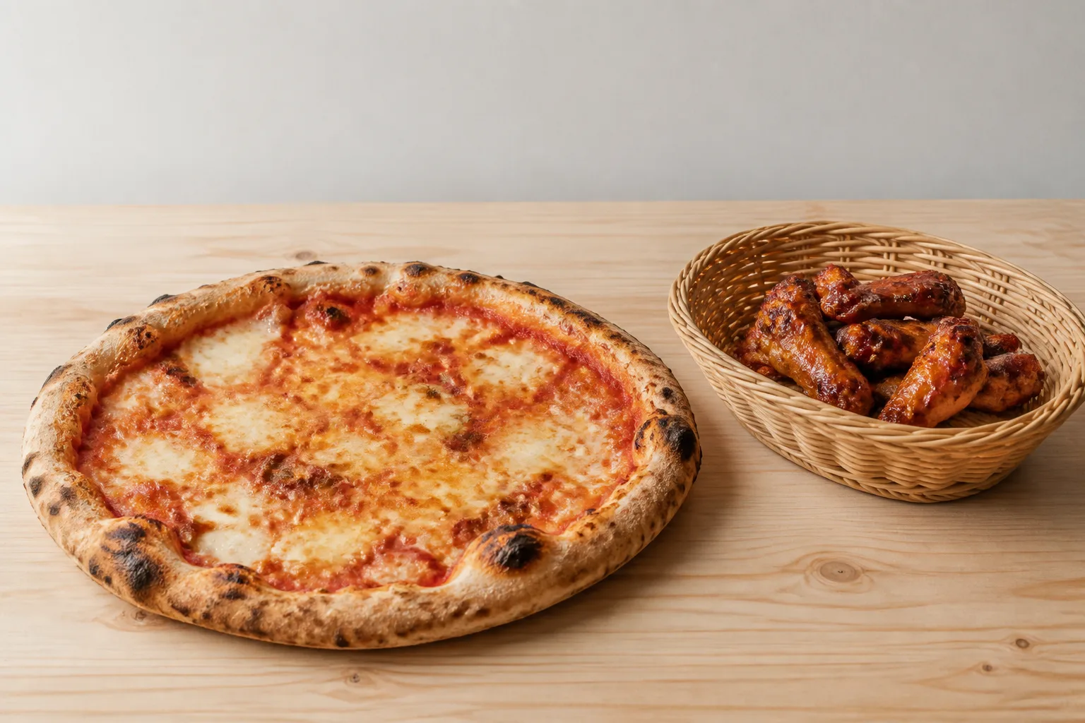 A whole round pizza beside a basket of chicken wings on a plain light wood surface in even daylight against an empty pale background