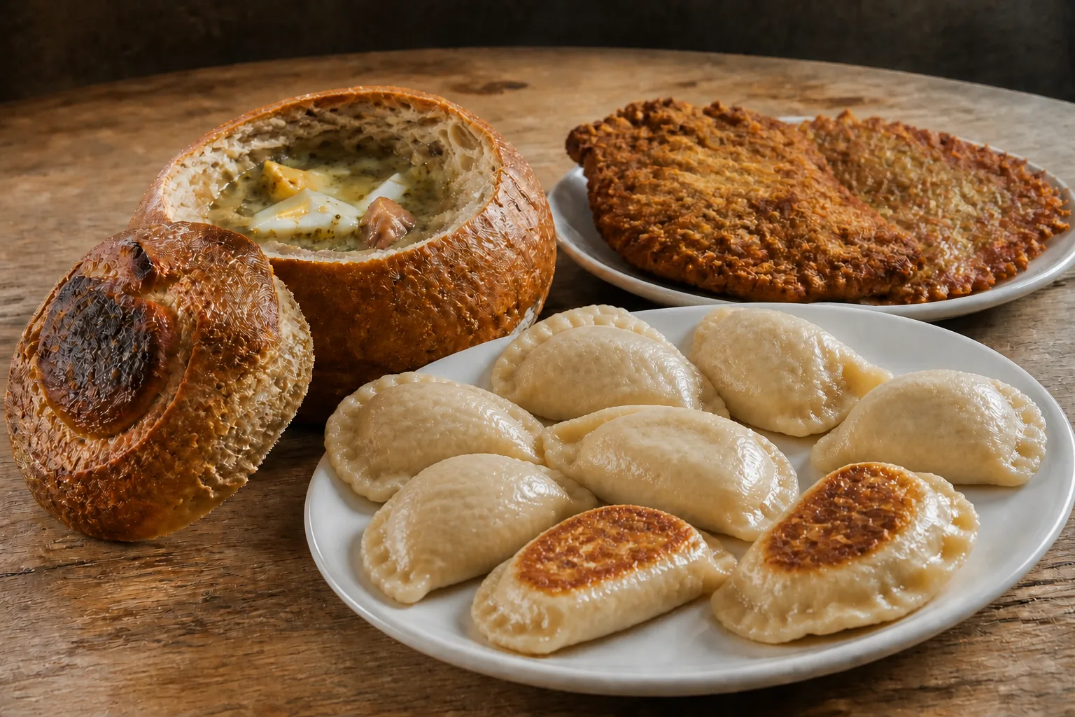 A hollowed round rye loaf filled with żurek standing at the left with its cut-off top leaning against its base showing torn crumb, halved hard-boiled egg and sliced white sausage rising above the soup surface, a plate of crimped pierogi fanned in the right foreground with two of them turned to show a pan-browned face, and a breaded kotlet schabowy beside a lacy-edged potato pancake on a plain plate behind them, all on a scuffed pale wood surface shot from a low three-quarter angle under raking side light from the left