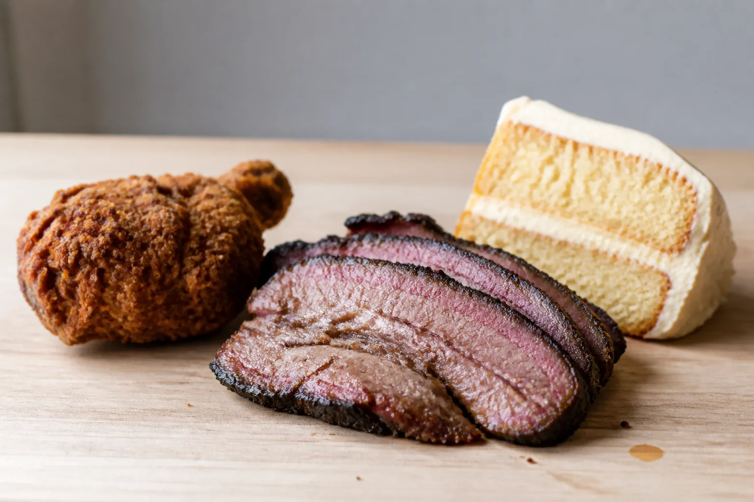 Sliced smoked brisket beside a piece of fried chicken and a slice of layer cake on a plain light wood surface in even daylight against an empty pale background