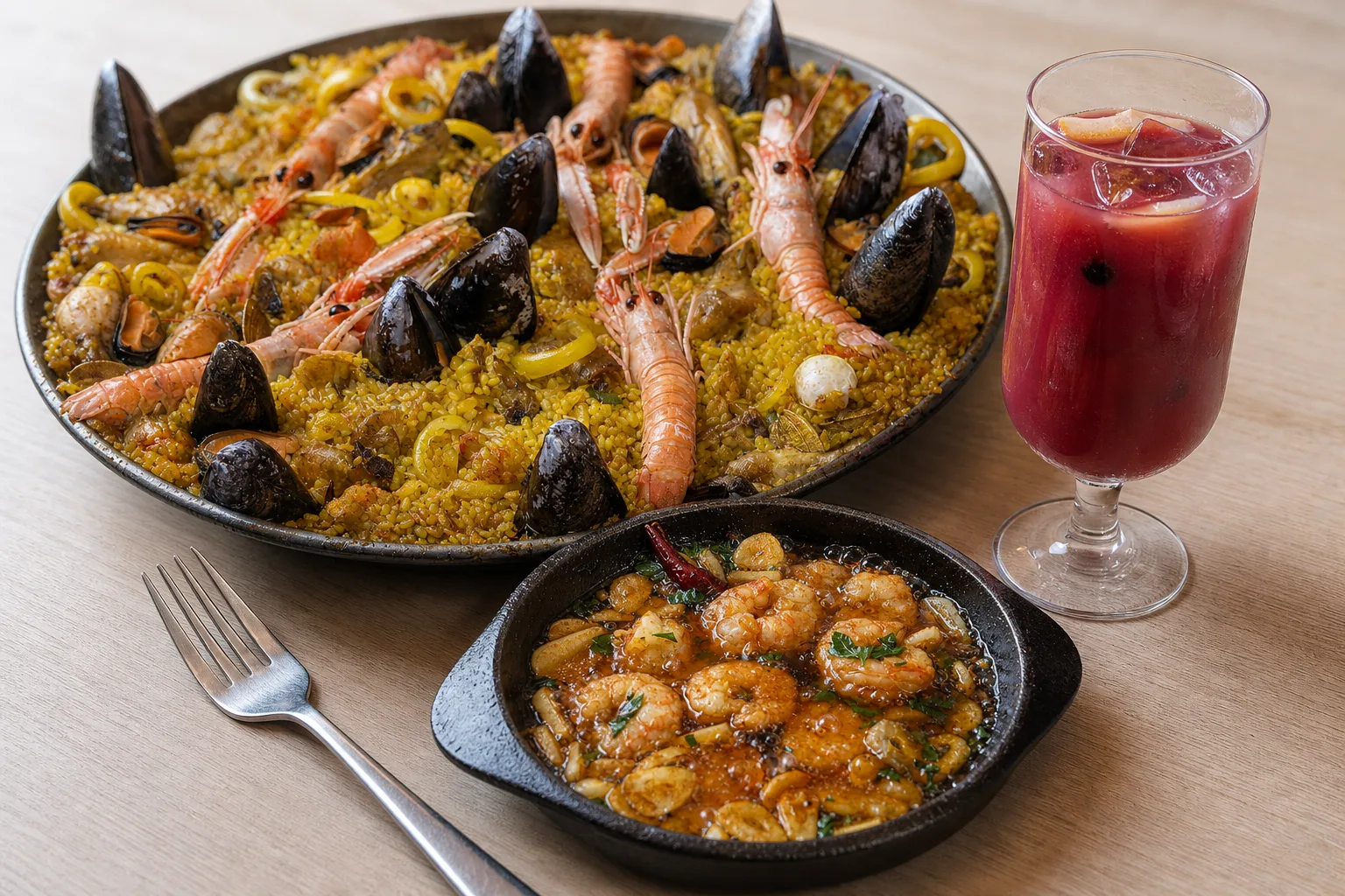 A shallow paella pan of saffron rice with langoustines and mussels behind a small dark earthenware cazuela of gambas al ajillo with a plain fork laid flat beside it, and a tall footed glass of sangria with a lemon slice at the surface to the right, shot from a low three-quarter angle on plain pale wood in soft daylight from one side