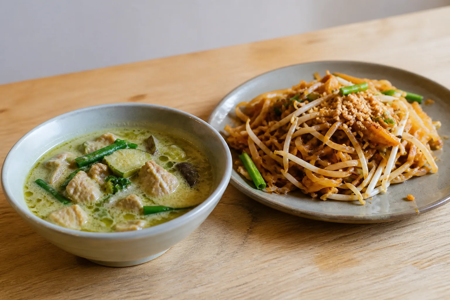A bowl of green curry beside a plate of stir-fried noodles on a plain light wood surface in even daylight against an empty pale background